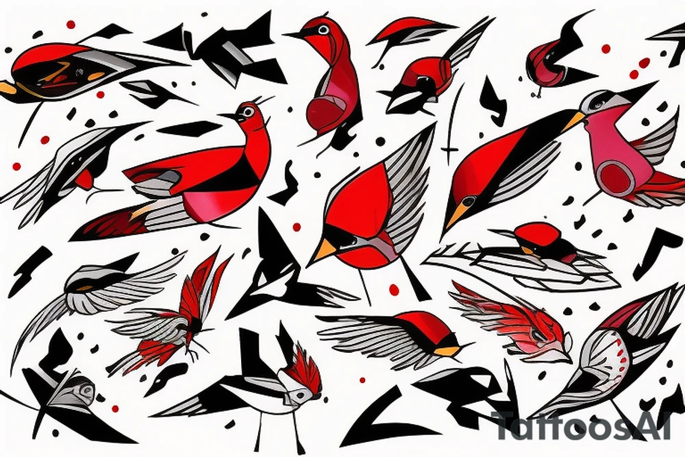 art fusion abstract style robin mid-flight, dynamic, small amount of red accent tattoo idea