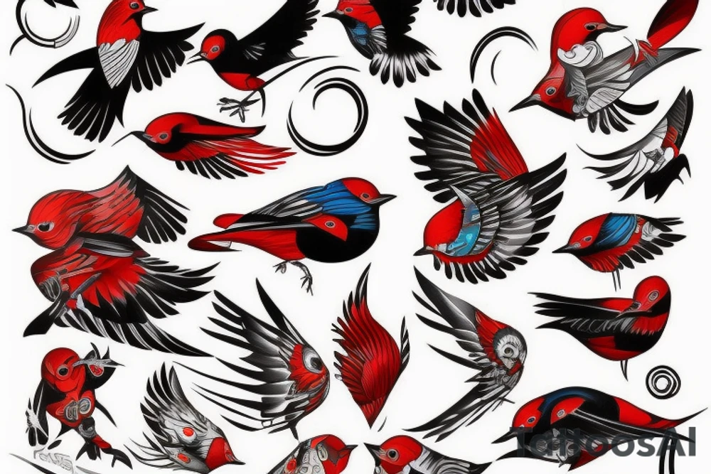 art fusion abstract style robin mid-flight, dynamic, small amount of red accent tattoo idea