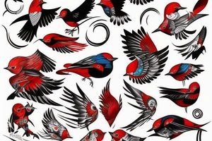 art fusion abstract style robin mid-flight, dynamic, small amount of red accent tattoo idea