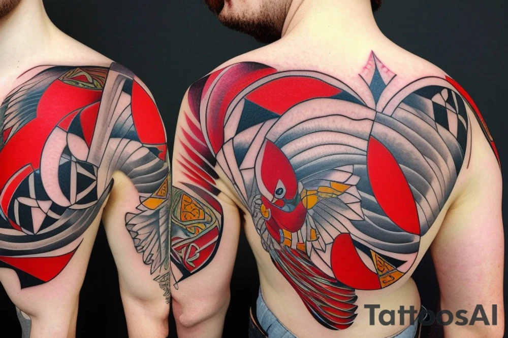 art fusion geometric style robin mid-flight, dynamic, small amount of red accent tattoo idea