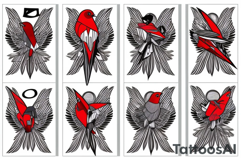 art fusion geometric style robin mid-flight, dynamic, small amount of red accent tattoo idea