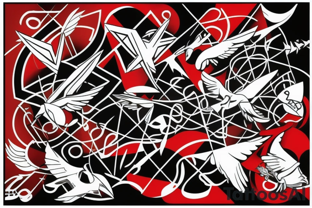 art fusion geometric style robin mid-flight, dynamic, small amount of red accent tattoo idea
