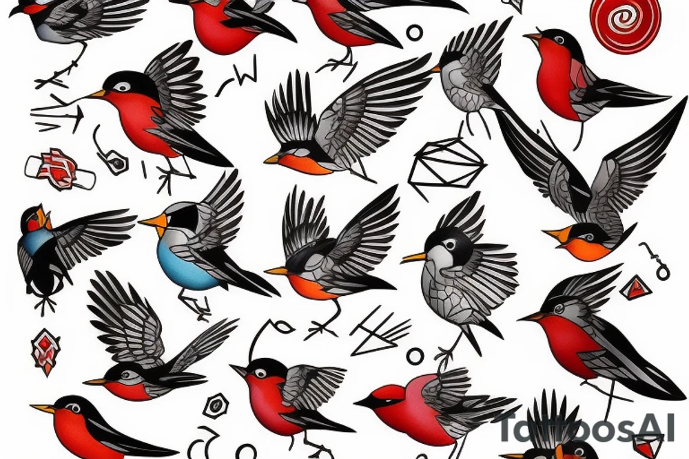 art fusion geometric style robin mid-flight, dynamic, small amount of red accent tattoo idea