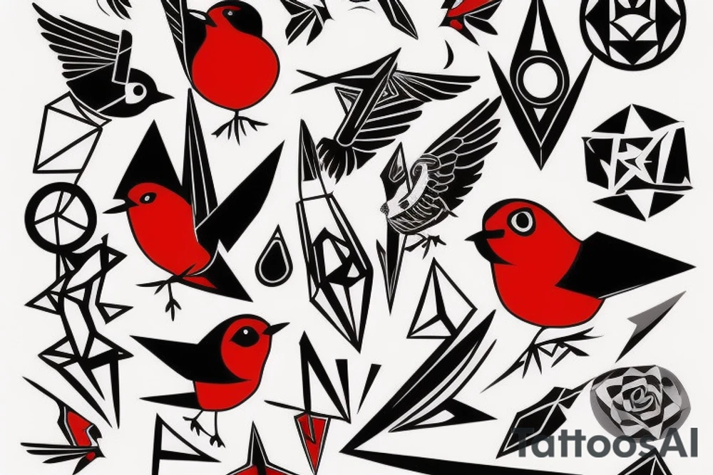 art fusion geometric style robin mid-flight, dynamic, small amount of red accent tattoo idea