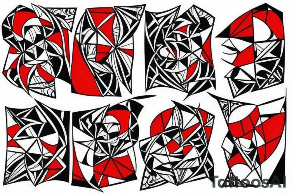 art fusion geometric style robin mid-flight, dynamic, small amount of red accent tattoo idea