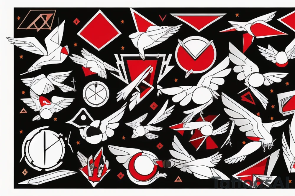 art fusion geometric style robin mid-flight, dynamic, small amount of red accent tattoo idea