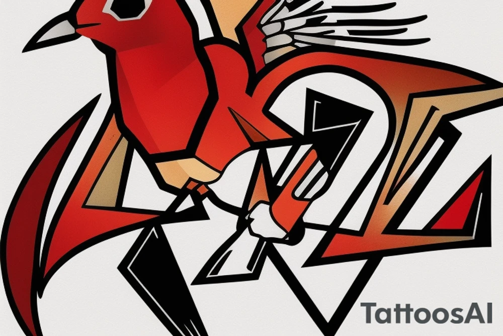 art fusion geometric style robin mid-flight, dynamic, small amount of red accent tattoo idea