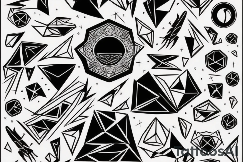 art fusion geometric style robin mid-flight, dynamic, small amount of red accent tattoo idea