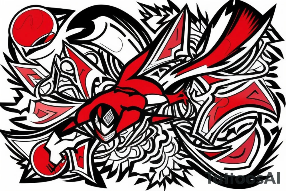 art fusion geometric style robin mid-flight, dynamic, small amount of red accent tattoo idea