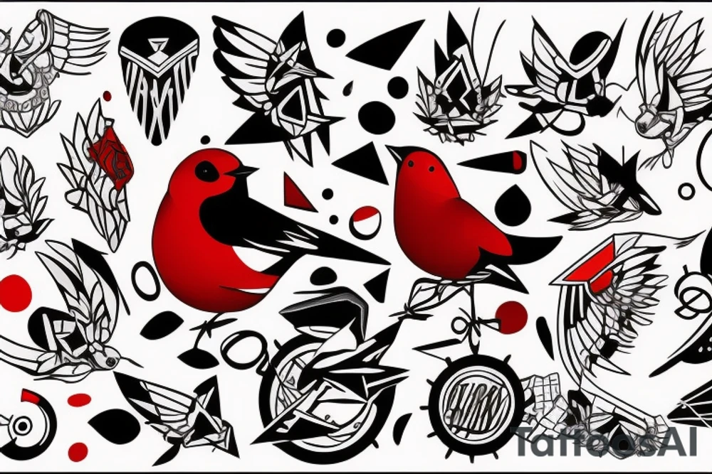 art fusion geometric style robin mid-flight, dynamic, small amount of red accent tattoo idea