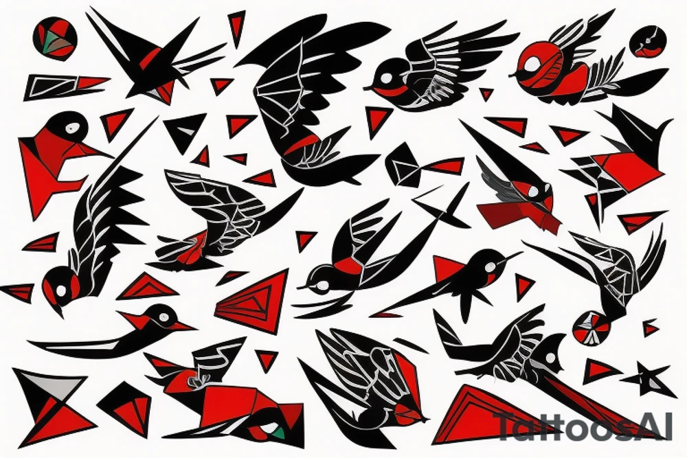 art fusion geometric style robin mid-flight, dynamic, small amount of red accent tattoo idea