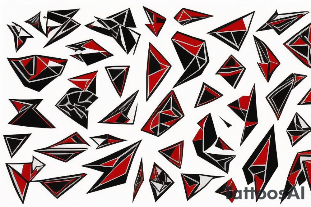 art fusion geometric style robin mid-flight, dynamic, small amount of red accent tattoo idea