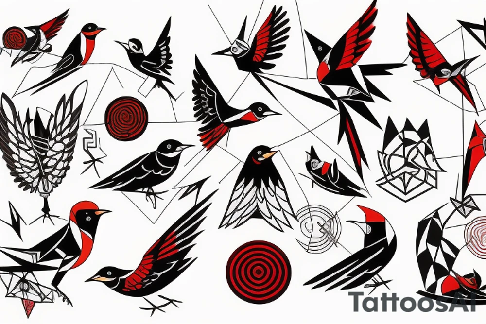 art fusion geometric style robin mid-flight, dynamic, small amount of red accent tattoo idea