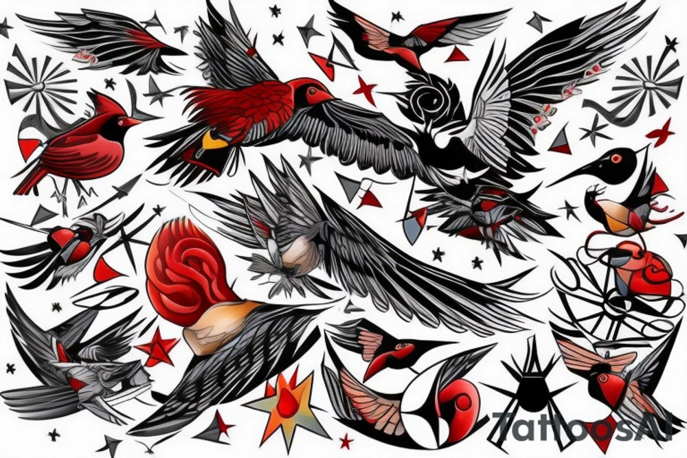 art fusion geometric style robin mid-flight, dynamic, small amount of red accent tattoo idea