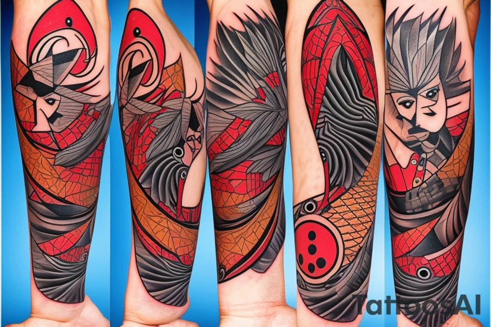 art fusion geometric style robin mid-flight, dynamic, small amount of red accent tattoo idea