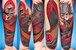 art fusion geometric style robin mid-flight, dynamic, small amount of red accent tattoo idea