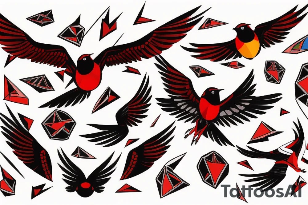 art fusion geometric style robin mid-flight with spread wings, dynamic, small amount of red accent tattoo idea
