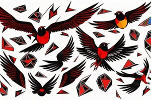 art fusion geometric style robin mid-flight with spread wings, dynamic, small amount of red accent tattoo idea