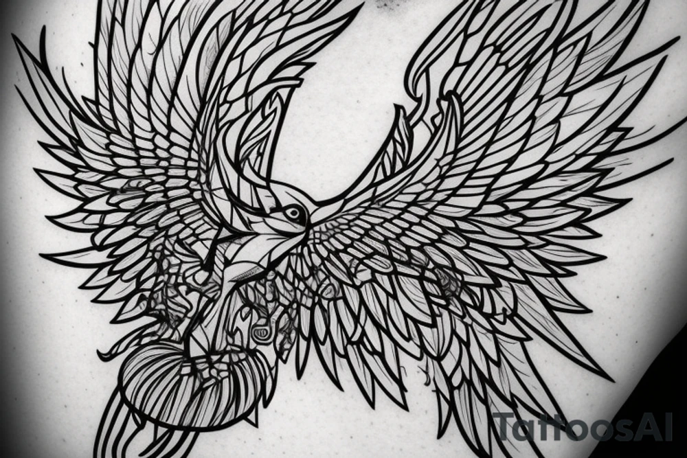 art fusion geometric style robin mid-flight with spread wings, dynamic, small amount of red accent tattoo idea