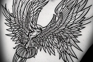 art fusion geometric style robin mid-flight with spread wings, dynamic, small amount of red accent tattoo idea