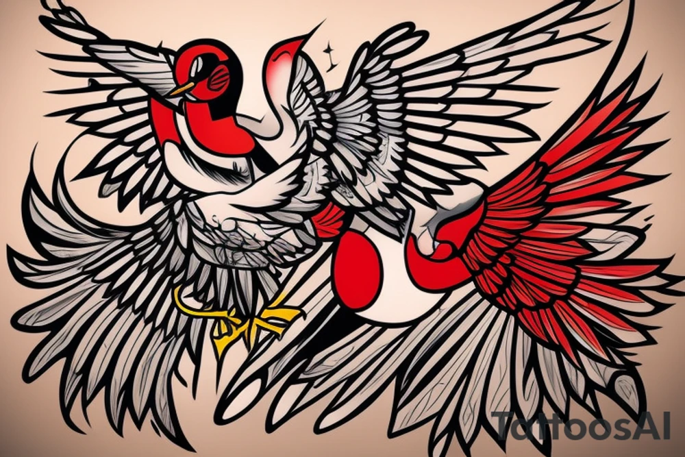 art fusion geometric style robin mid-flight with spread wings, dynamic, small amount of red accent tattoo idea
