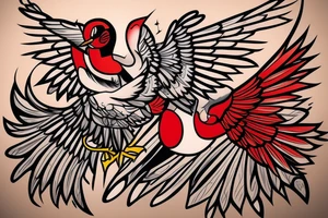 art fusion geometric style robin mid-flight with spread wings, dynamic, small amount of red accent tattoo idea