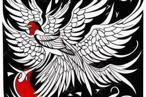 art fusion geometric style robin mid-flight with spread wings, dynamic, small amount of red accent tattoo idea