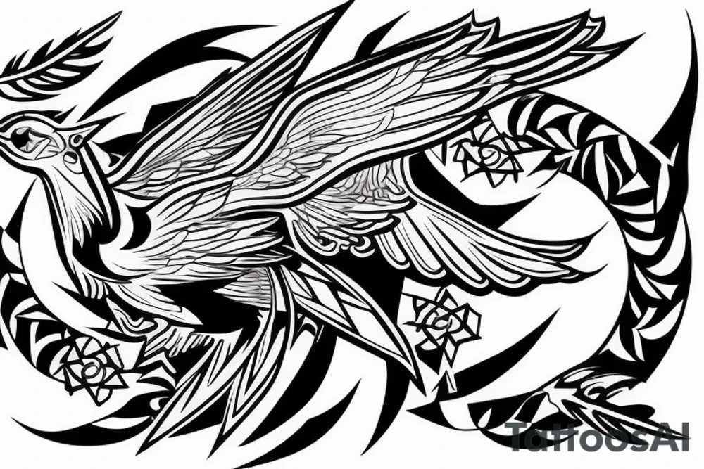 art fusion geometric style robin mid-flight with spread wings, dynamic, small amount of red accent tattoo idea