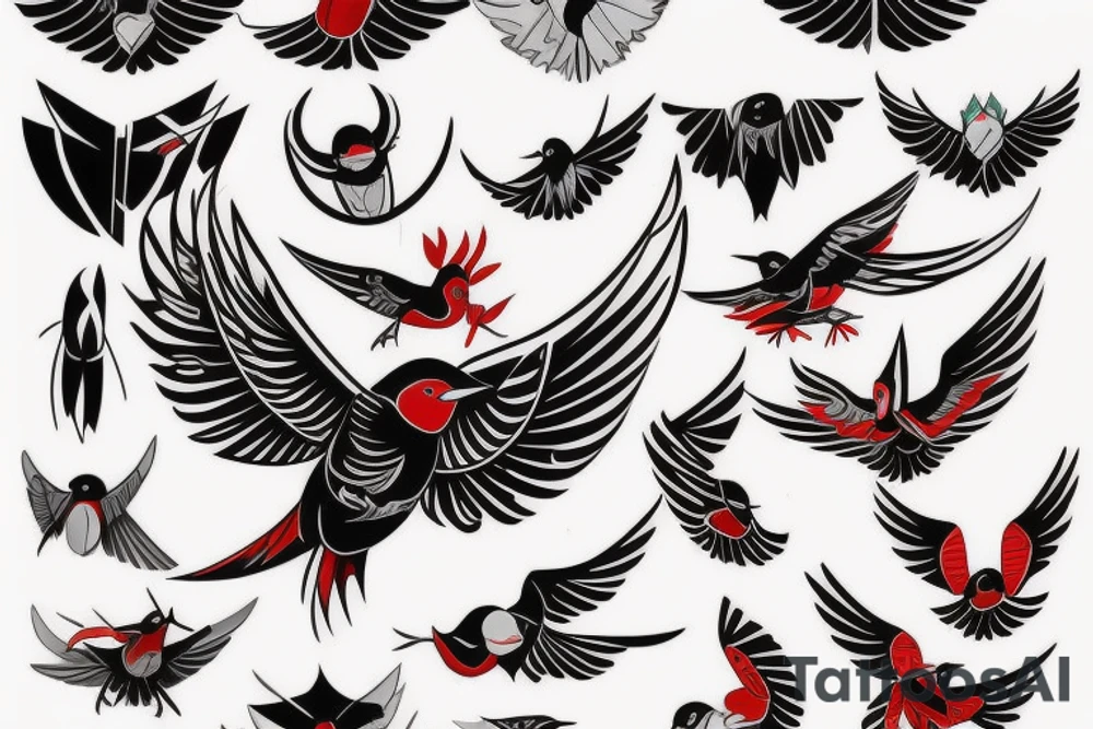 art fusion geometric style robin mid-flight with spread wings, dynamic, small amount of red accent tattoo idea