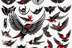 art fusion geometric style robin mid-flight with spread wings, dynamic, small amount of red accent tattoo idea