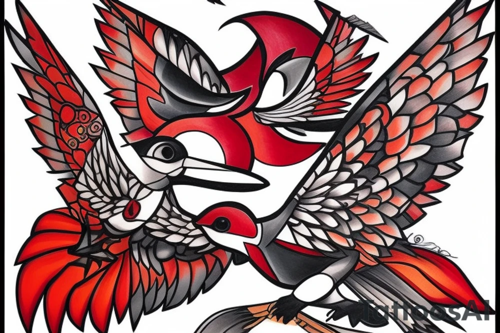 art fusion geometric style robin mid-flight with spread wings, dynamic, small amount of red accent tattoo idea