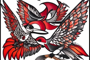art fusion geometric style robin mid-flight with spread wings, dynamic, small amount of red accent tattoo idea