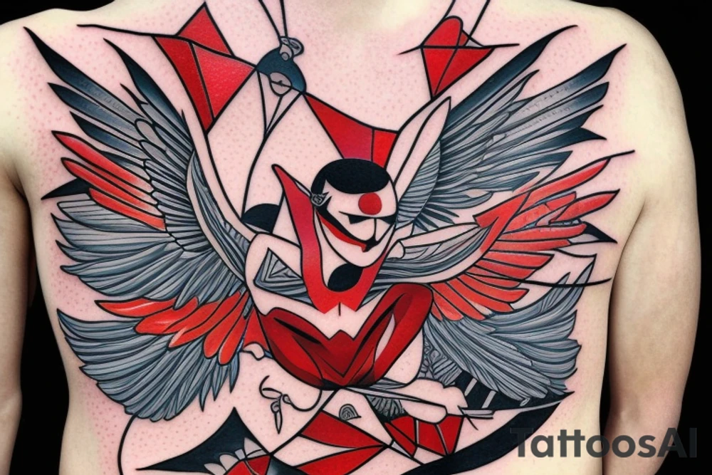 art fusion geometric style robin mid-flight with spread wings, dynamic, small amount of red accent tattoo idea