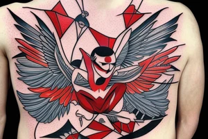 art fusion geometric style robin mid-flight with spread wings, dynamic, small amount of red accent tattoo idea