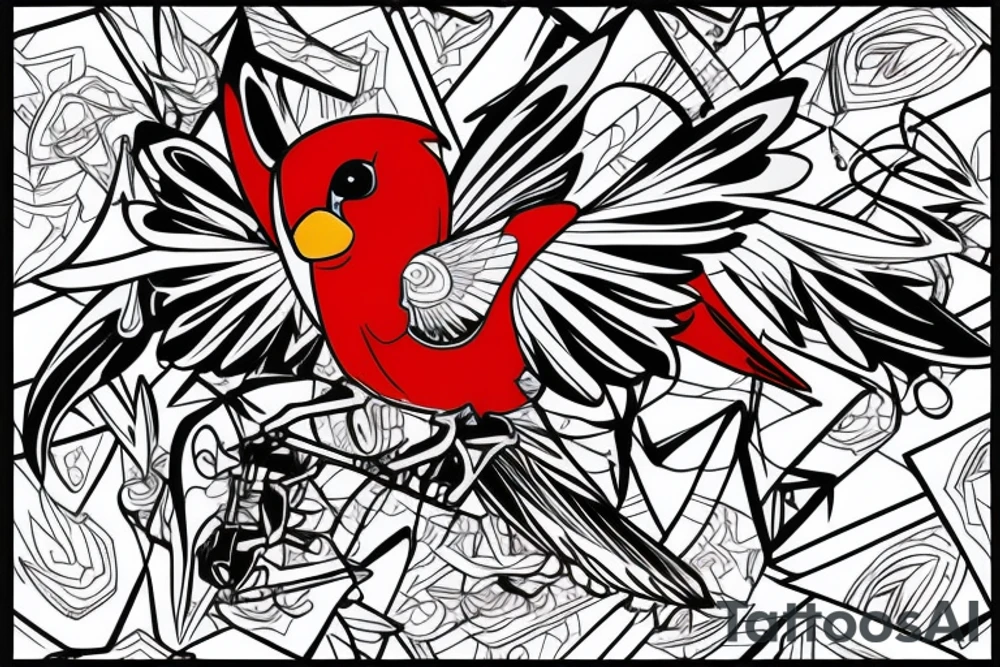art fusion geometric style robin mid-flight with spread wings, dynamic, small amount of red accent tattoo idea