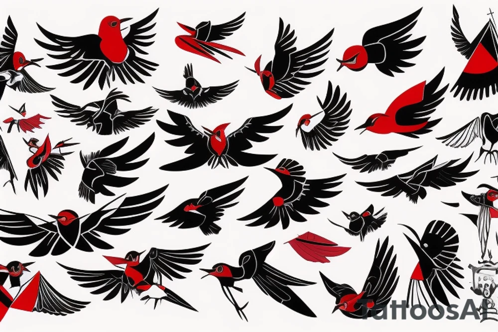 art fusion geometric style robin mid-flight with spread wings, dynamic, small amount of red accent tattoo idea