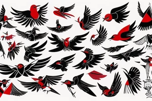 art fusion geometric style robin mid-flight with spread wings, dynamic, small amount of red accent tattoo idea
