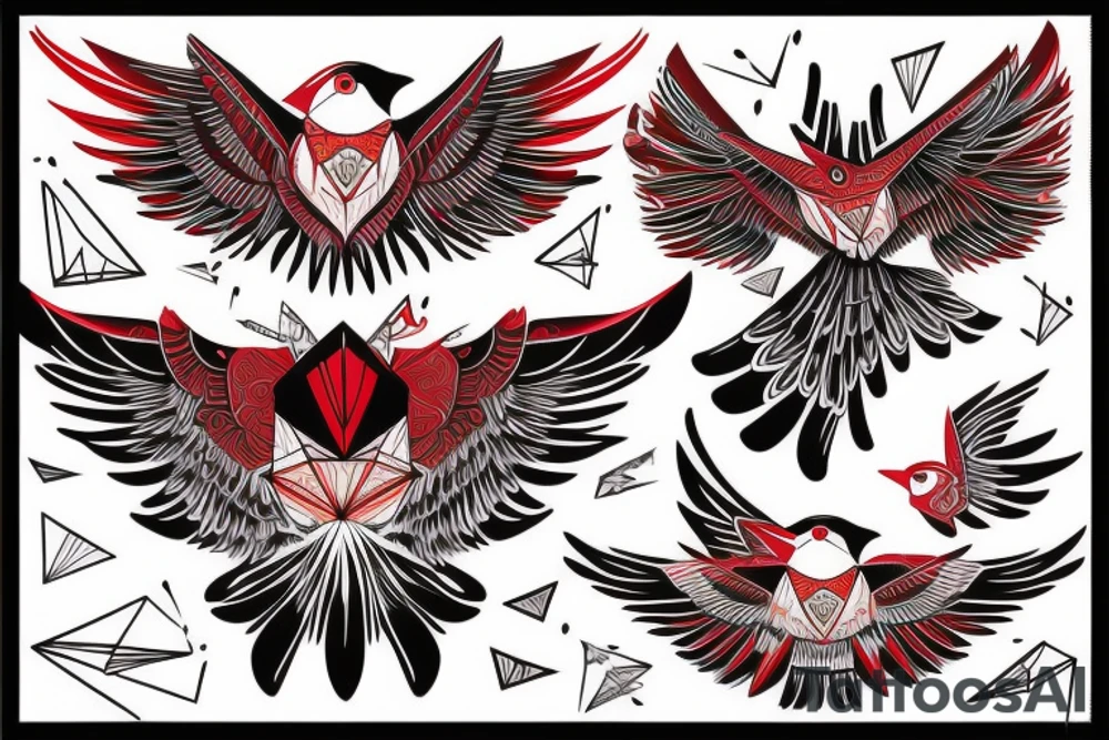 art fusion geometric style robin mid-flight with spread wings, dynamic, small amount of red accent tattoo idea