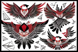 art fusion geometric style robin mid-flight with spread wings, dynamic, small amount of red accent tattoo idea