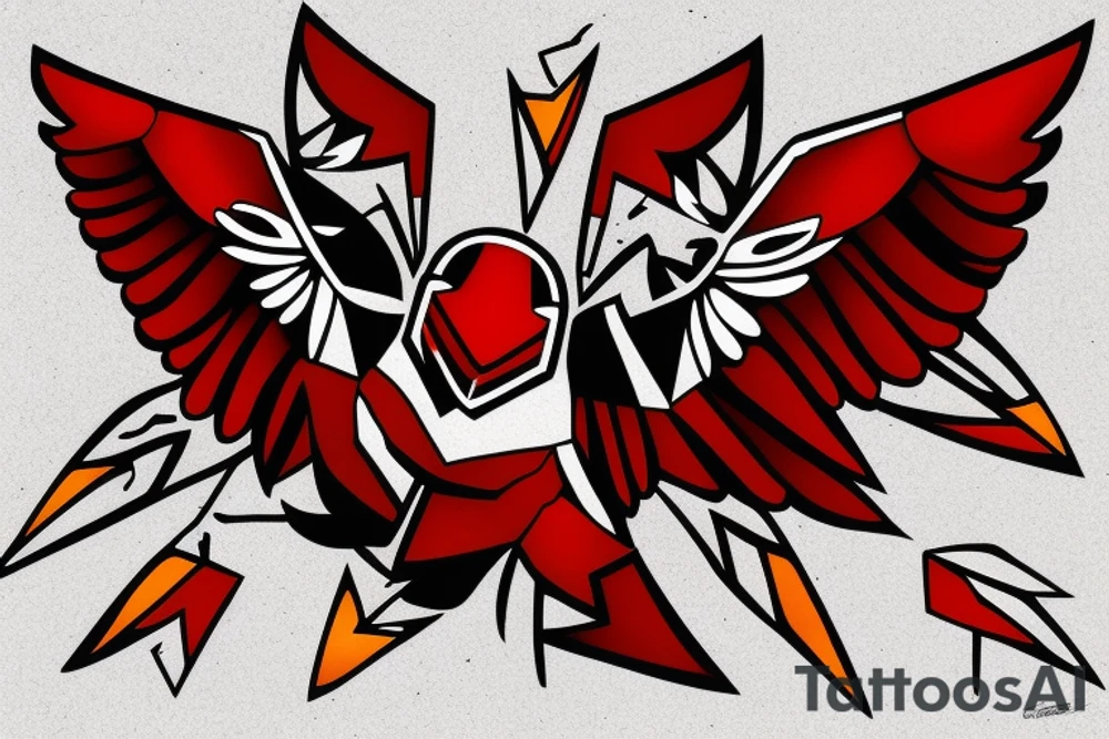 art fusion geometric style robin mid-flight with spread wings, dynamic, small amount of red accent tattoo idea