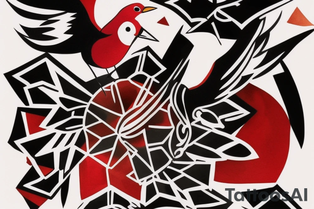 art fusion geometric watercolour style robin mid-flight with spread wings, dynamic, small amount of red accent tattoo idea