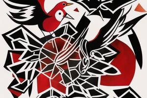art fusion geometric watercolour style robin mid-flight with spread wings, dynamic, small amount of red accent tattoo idea