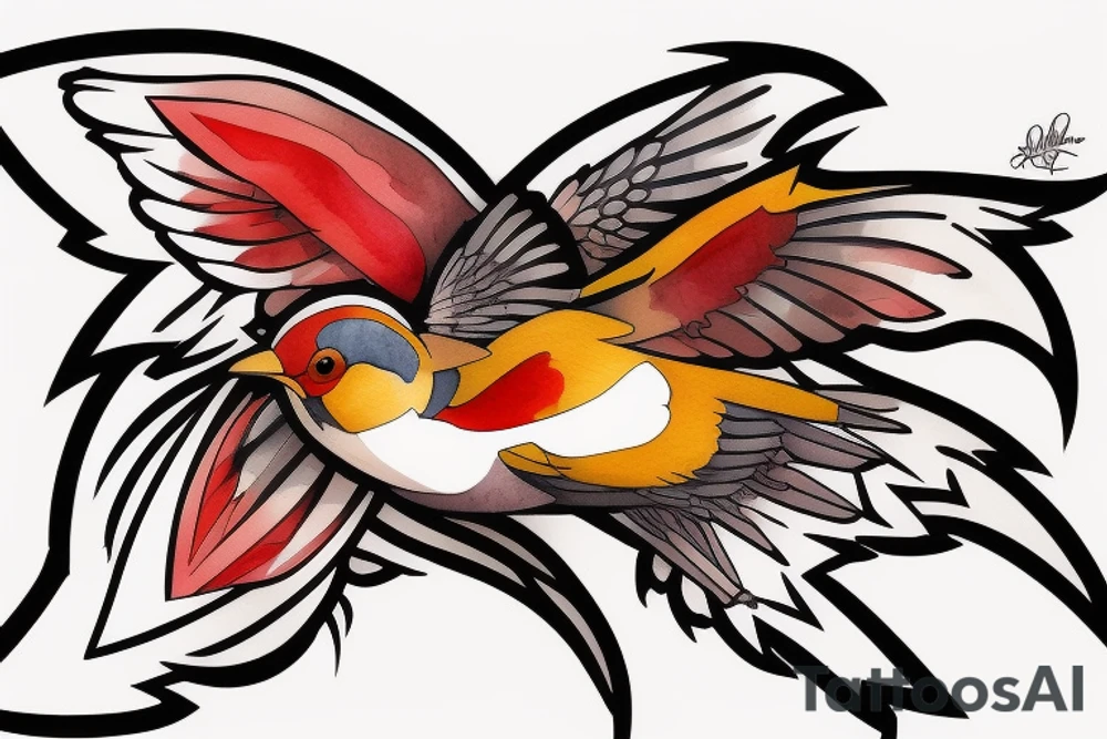 art fusion geometric watercolour style robin mid-flight with spread wings, dynamic, small amount of red accent tattoo idea