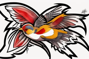 art fusion geometric watercolour style robin mid-flight with spread wings, dynamic, small amount of red accent tattoo idea