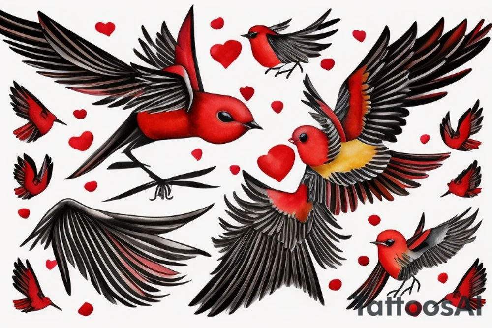 art fusion geometric watercolour style robin mid-flight with spread wings, dynamic, small amount of red accent tattoo idea