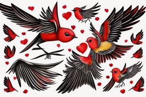art fusion geometric watercolour style robin mid-flight with spread wings, dynamic, small amount of red accent tattoo idea