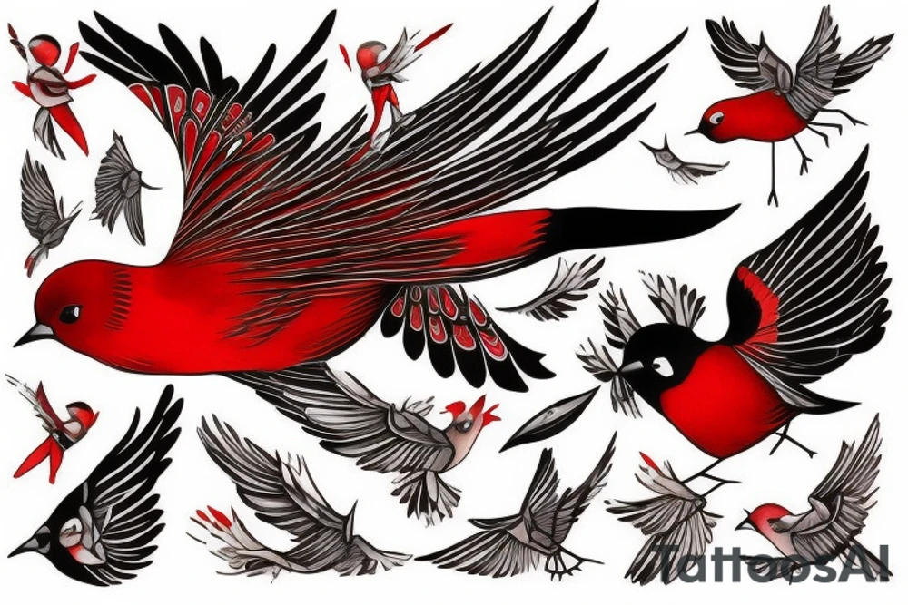 art fusion geometric watercolour style robin mid-flight with spread wings, dynamic, small amount of red accent tattoo idea