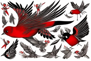 art fusion geometric watercolour style robin mid-flight with spread wings, dynamic, small amount of red accent tattoo idea