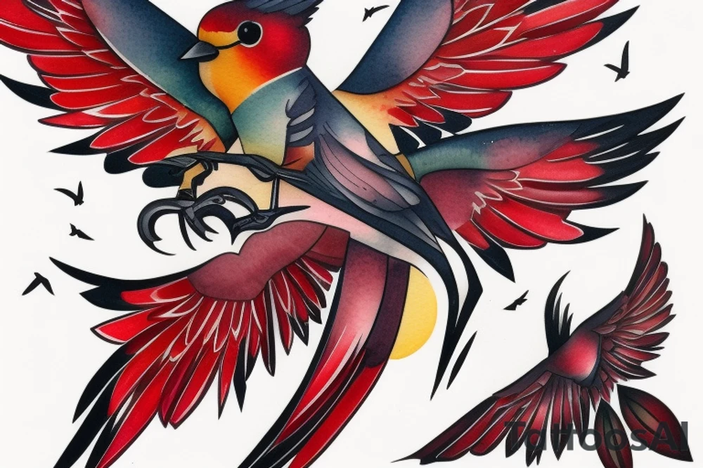 art fusion geometric watercolour style robin mid-flight with spread wings, dynamic, small amount of red accent tattoo idea