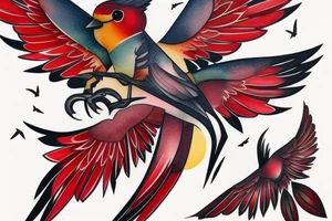 art fusion geometric watercolour style robin mid-flight with spread wings, dynamic, small amount of red accent tattoo idea